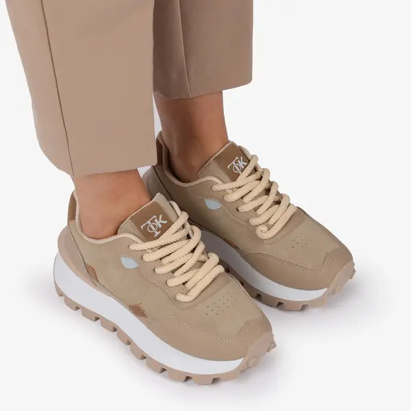SNEAKERS din PIELE ECOLOGICA SI TEXTIL CRL1514 Camel