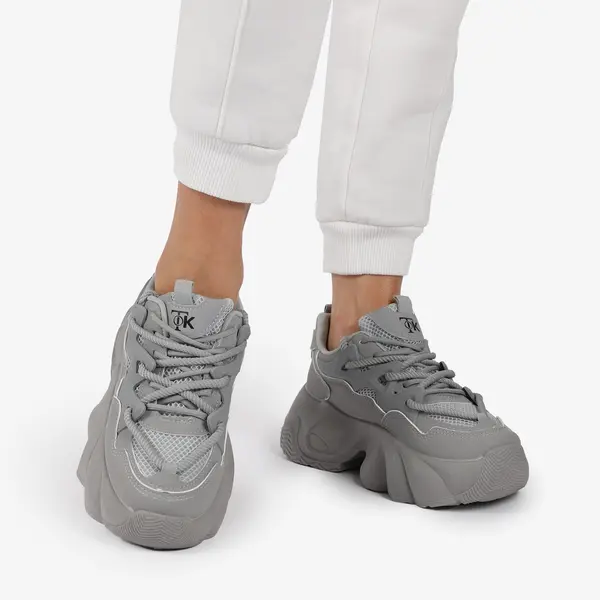 SNEAKERS din PIELE ECOLOGICA SI TEXTIL CU SIRETURI DUBLE SI TALPA INALTA CRL1287 GRI