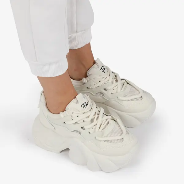 SNEAKERS din PIELE ECOLOGICA SI TEXTIL CU SIRETURI DUBLE SI TALPA INALTA CRL1287 ALB