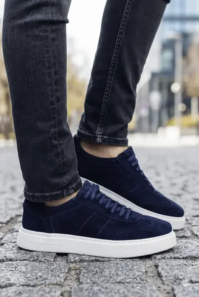 Sneakers din Piele Intoarsa Albstru cu Decor - OVY BLU