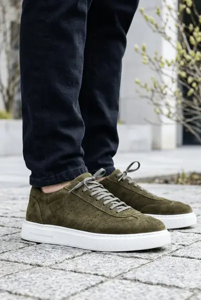 Sneakers din Piele Intoarsa Verde cu Decor - OVY GREEN