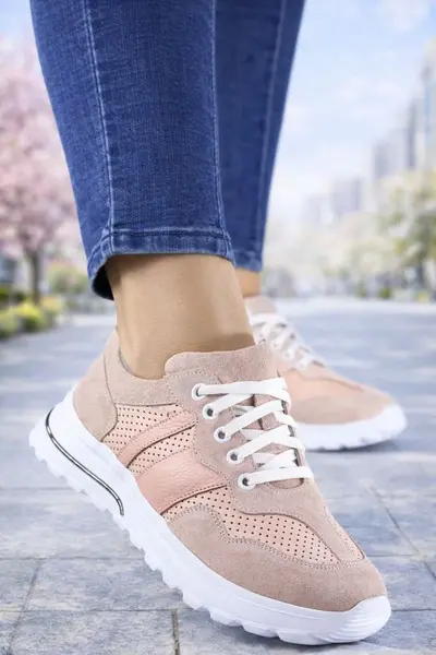 Sneakers din Piele Pudra cu Siret - SUET PINK