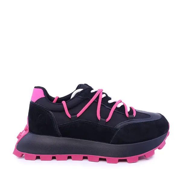 Sneakers femei Benvenuti cu șiret dublu negri din piele întoarsă și textil 1991DP0480VN