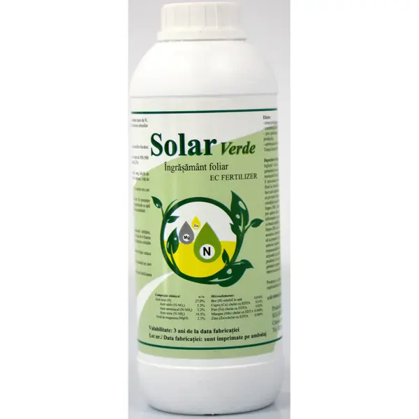 Solar Verde 1 L, ingrasamant foliar lichid, Solarex, pe baza de Azot, Magneziu si microelemente (Bor, Cupru, Fier, Mangan, Zinc) pentru culturile de cereale, floarea soarelui, vita de vie, pomi si arbusti fructiferi, porumb - Default Title