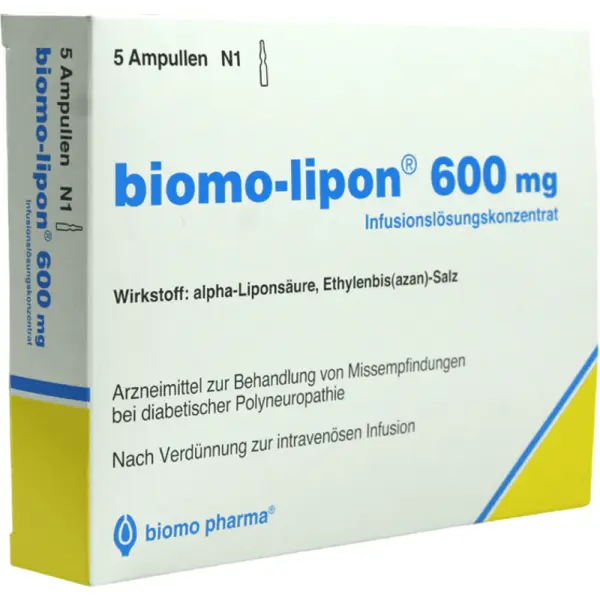 Solutie Injectabila, Biomo Pharma, Biomo-Lipon, 600mg, Amelioreaza Senzatiile Neplacute Asociate Neuropatiei Diabetice, Destinat Administrarii Intravenoase, cu Acid Alfa Lipoic, 5 fiole