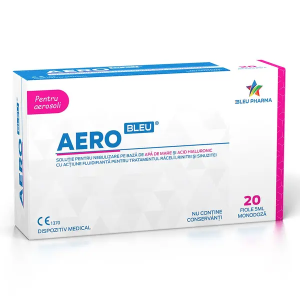 Solutie pentru nebulizare cu apa ai acid hialuronic Aero Bleu, Bleu Pharma | 20 fiole x 5 ml