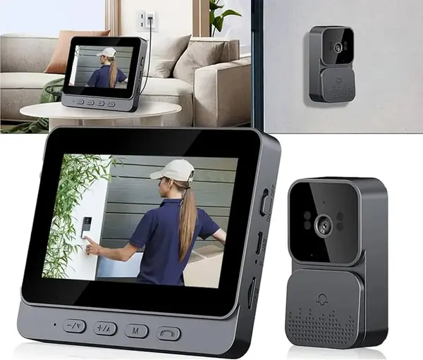 Sonerie video inteligenta Wireless, Ecran IPS 4.3 inch, Night Vision, Senzor IR, Interfon Video HD, 8MP, comunicare bidirectionala, unghi de vizualizare 170°, baterii incorporate, Negru