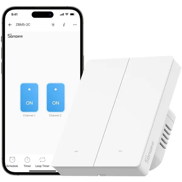 SONOFF Intrerupator inteligent Sonoff ZBM5-2C-80W, 2 canale, 10A, Zigbee, Alb