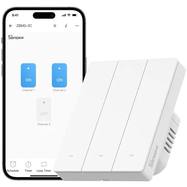 SONOFF Intrerupator inteligent Sonoff ZBM5-3C-80W, 3 canale, 10A, Zigbee, Alb