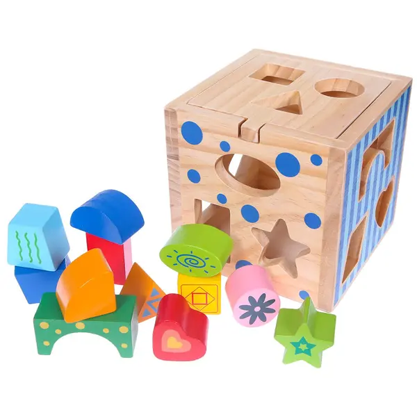 Sortare din lemn, cub educațional + blocuri Ecotoys