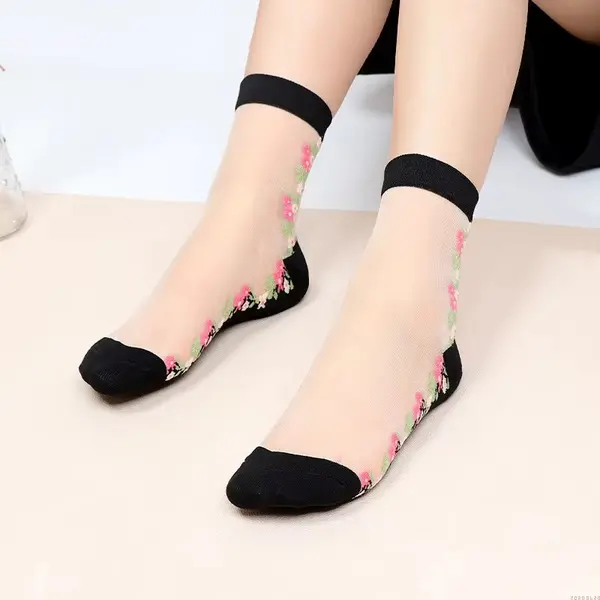 Sosete pentru dama, SS164, model flori, Alb/Negru, marime universala (35-39)