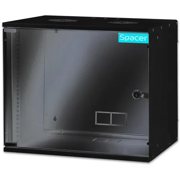 spacer Cabinet 19 Spacer SPCW-9U-BK, 9U, fixare pe perete, Flatpack (dezasamblat), 448 (h) x 515 (w) x 400 (d) mm, usa sticla cu blocare, otel 1.5mm, sarcina maxima 100Kg, Negru