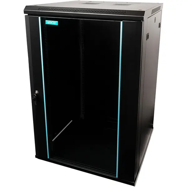 spacer Cabinet metalic Spacer SPCW-18U-600-BK-03 18U, Wall mount, 600 x 600 mm, Glass door, Negru