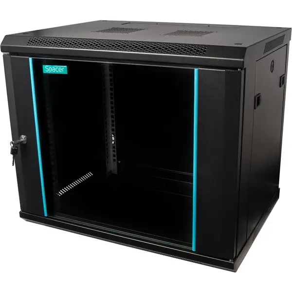 spacer Cabinet metalic Spacer SPCW-9U-450-BK-03 9U, Wall mount, 600 x 450 mm, Glass door, Negru