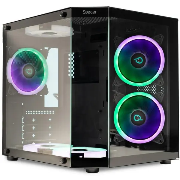 spacer Carcasa PC Spacer Aquarium, Mini Tower, mATX, fara sursa, sticla securizata, 6 x ARGB fan, HUB, telecomanda, USB 3.0, USB Type-C, HD-Audio, Jack 3.5mm, PSU shroud, Negru