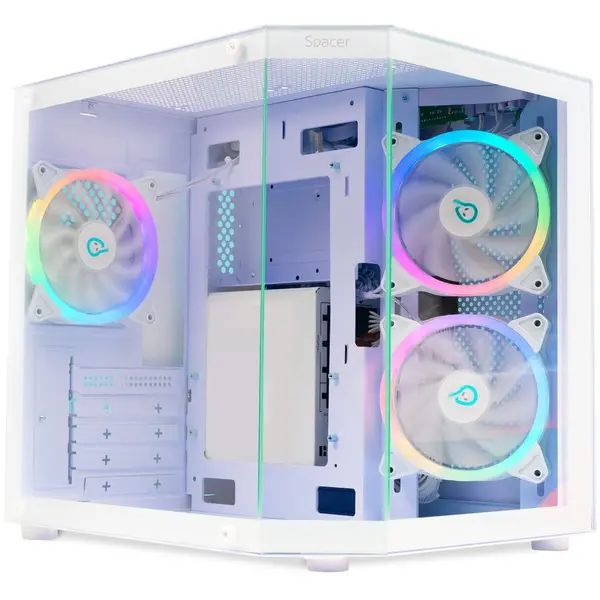 spacer Carcasa Spacer, gaming, Mini Tower, mATX, „AQUARIUM”, fara sursa, sticla securizata, 3 x ARGB fan, HUB, telecomanda, USB 3.0 x 1, USB Type-C x 1, HD-Audio, Jack 3.5mm x 1, PSU shroud, Alb