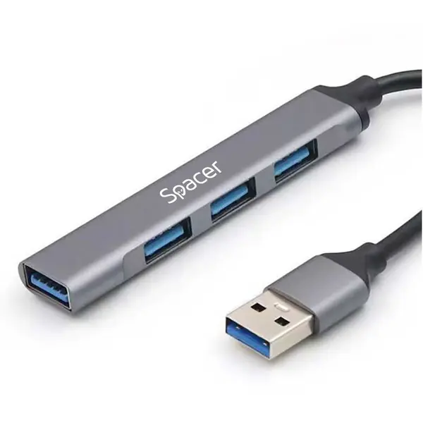 spacer HUB extern SPACER 4 porturi, USB-A, SPHB-USB-4U-01, lungime cablu 1 m, Gri