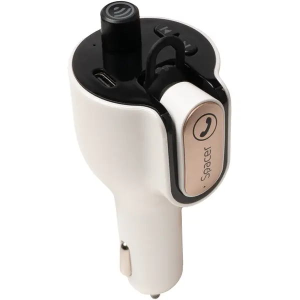spacer Modulator auto FM Spacer SPFM-HS1-QC, casca Bluetooth 5.0,1xUSB QC3.0 + Type-C; 1xUSB max. 5V/3.1A, earphone 30mAh, 12V-24V, max. 10-15m, mic max. 0-2m, format MP3, WMA, 206 canale 87.5-108Mhz, USB disk, Alb