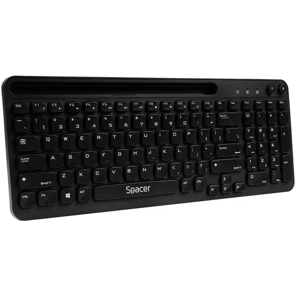 spacer Tastatura wireless Spacer, 102 taste, low profile keycap, suport telefon, 1 baterie AAA inclusa, Neagra