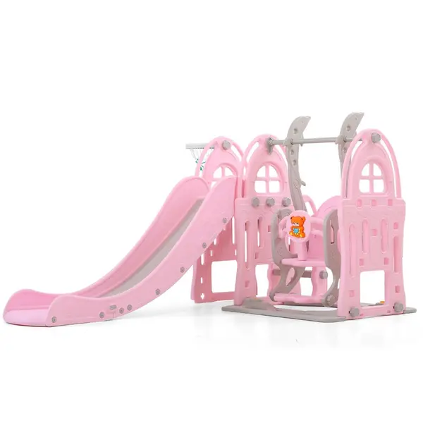 Spatiu de joaca 3 in 1 Nichiduta Dolphin Pink cu leagan convertibil, Tobogan cu manere si trepte late, Cos de baschet, greutate maxim suportata 50 Kg