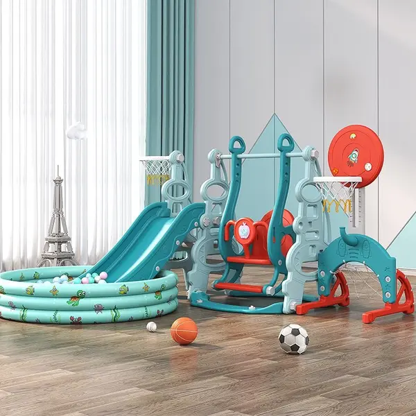 Spatiu de joaca 4in1 Nichiduta Garden Tower Blue cu tobogan, leagan cu bara de protectie detasabila, jucarie muzicala, cos de baschet, minge, poarta de fotbal si piscina cu 200 bile incluse