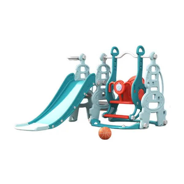 Spatiu de joaca pentru copii Nichiduta Garden Tower Blue interiorexterior 3in1 cu tobogan, leagan cu bara de protectie detasabila, jucarie muzicala, cos de baschet si mingie inclusa