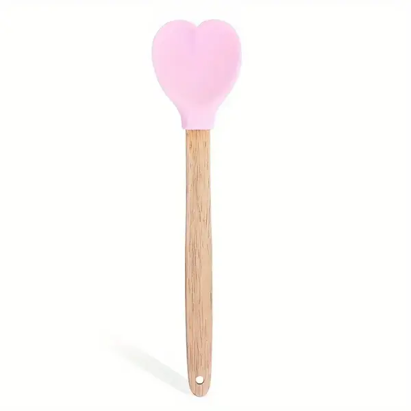 Spatula silicon in forma de inima cu maner lemn, 28 cm, diverse culori
