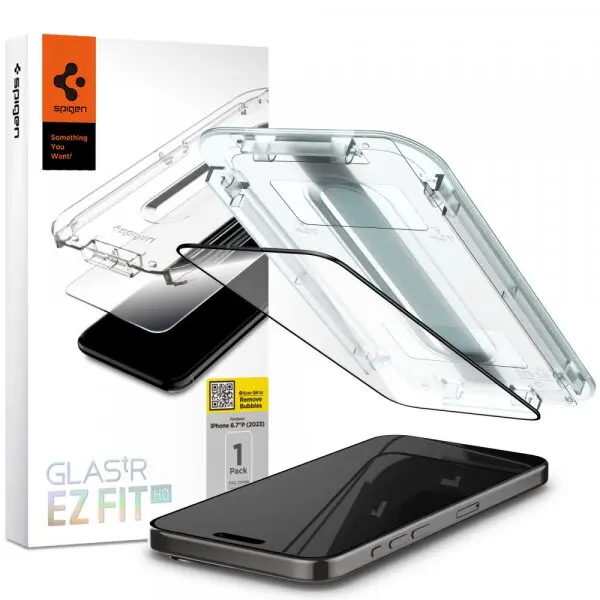 Spigen Folie de protectie Ecran Spigen EZ FIT pentru Apple iPhone 15, Sticla Securizata, Full Glue, 2.5D, Case Friendly, AGL06908, Neagra