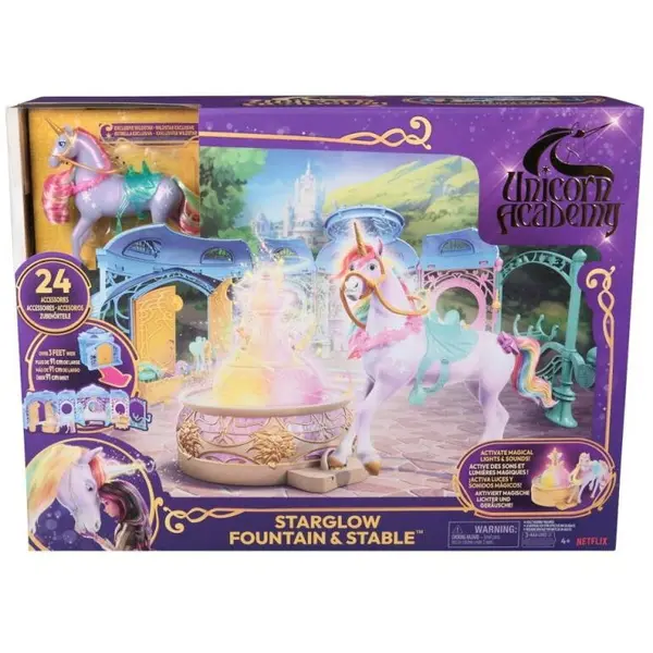 Spin Master Set de Joaca Unicorn Academy – Starglow Fountain & Grajd cu Wildstar, Lumini, Sunete si 24 Accesorii, Multicolor, 4 ani +