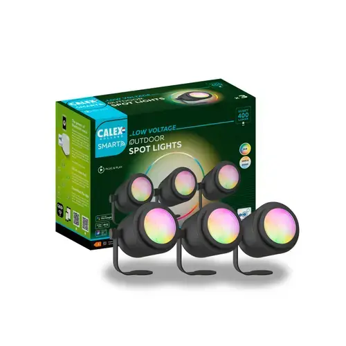 Spoturi LED de gradina Calex Smart Ground 24V, RGB + alb cald, 9W, IP44, 400 lm, clasa F, Set 3 buc (Negru)