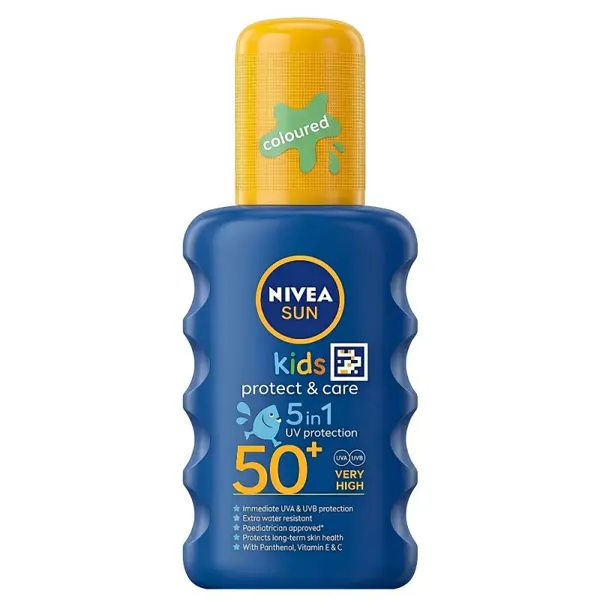 Spray cu Protectie Solara Colorat Nivea Sun Kids Protect & Care, SPF 50+, pentru Copii, 200 ml