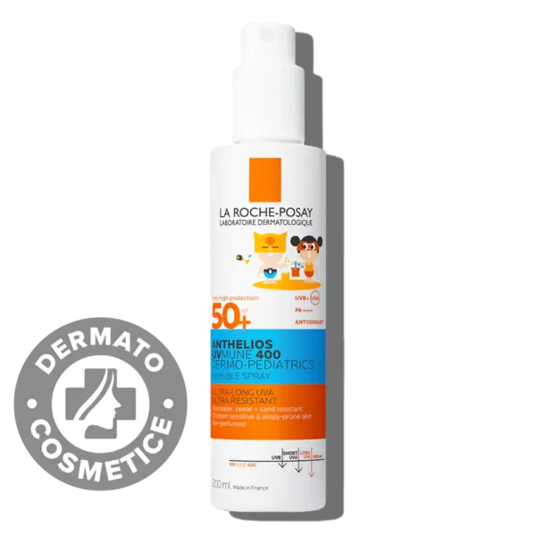Spray invizibil cu protectie solara potrivit pentru pielea sensibila sau cu tendinta atopica a copiilor SPF50+ Anthelios UVMUNE 400 Dermo-Pediatrics, 200ml, La Roche-Posay