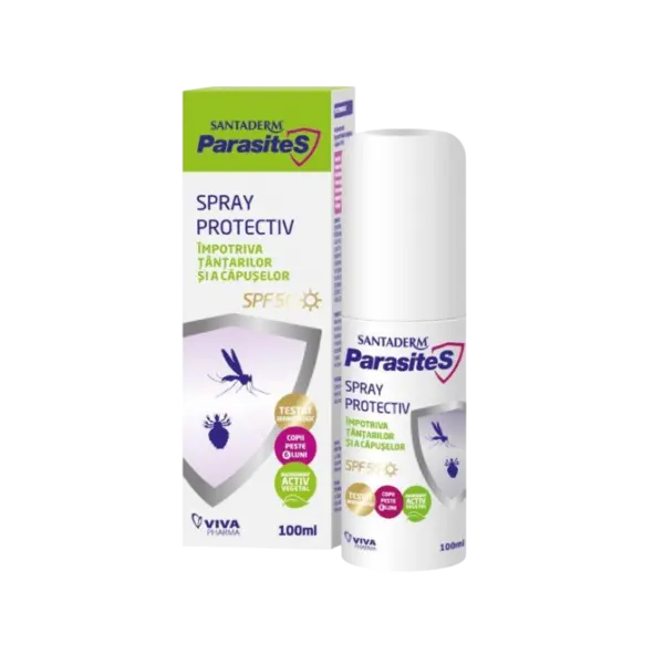 Spray protectiv SPF 50 impotriva tantarilor si capuselor Santaderm Parasites, Viva Pharma | 100 ml