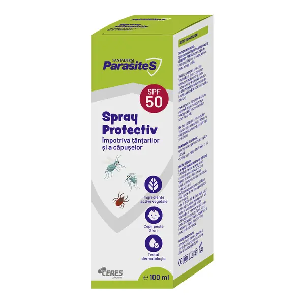 Spray repelent importiva tantarilor si a capuselor SPF 50, Santaderm Parasites, 100 ml, Viva Pharma