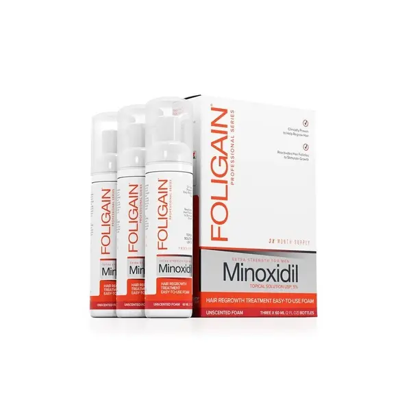 Spuma pentru Cresterea Parului, Foligain, 5% Minoxidil, fara Parfum, 3 x 60ml