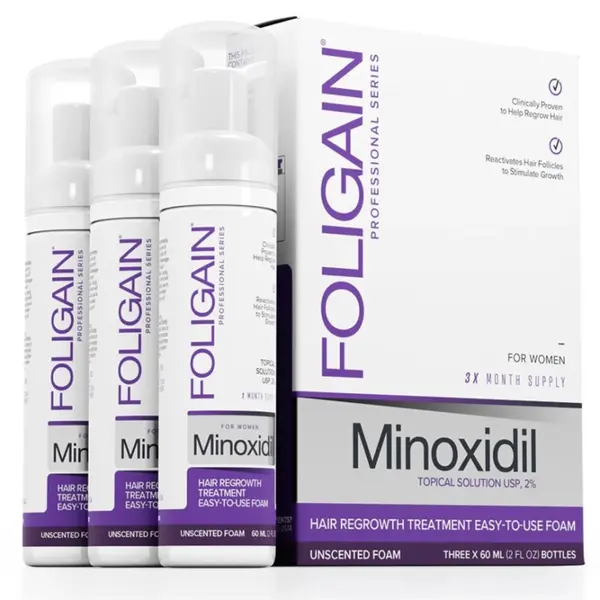Spuma pentru Cresterea Parului, Foligain, Minoxidil 2%, Tratament Femei pentru 3 Luni, 3x 60ml