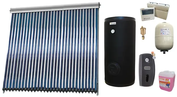SSistem solar presurizat , panou Sunsystem VTC 30 tuburi, Boiler cu 2 serpentine Fornello SOL 200 litri, controller, vas expansiune, grup pompare, aerisitor 1/2, antigel