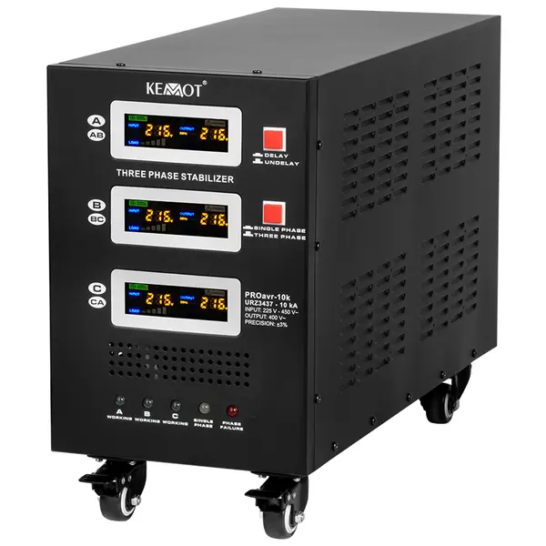 Stabilizator de tensiune trifazat cu servomotor KEMOT PROavr-10k, 10 kVA, 230 V ±3%, functie BYPASS si DELAY