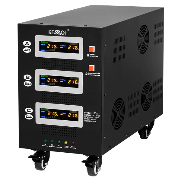 Stabilizator servomotor trifazat 30kVA Kemot, transformator toroidal, display LCD, protectie supratensiune, eficienta 98%