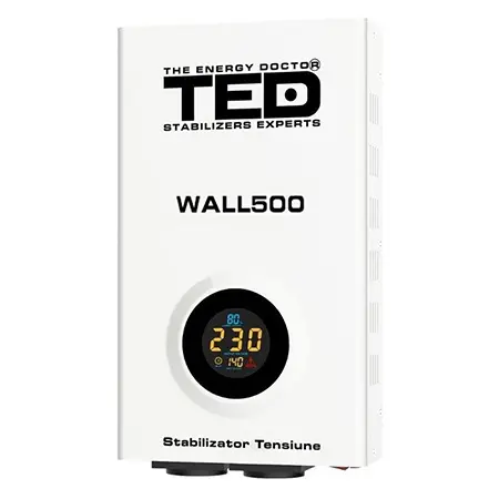 Stabilizator Tensiune Automat 500VA 300W, Montaj pe Perete, Unda Sinusoidala Pura, 2 x Schuko, Display LCD, Ted Electric