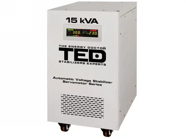 Stabilizator tensiune servomotor monofazat TED Electric, 15kVA, 12kW, LCD, terminal block, bypass manual, TED000095