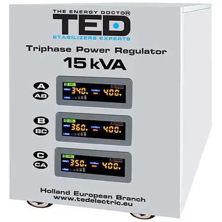 Stabilizator Tensiune Trifazat cu Servomotor 15KVA 12kW, 400V, Unda Sinusoidala Pura, 3 Afisaje LCD, Terminal Block, Kemot