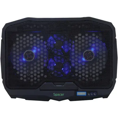 Stand gaming pentru laptop Spacer 17inch, sita metal, 2xfan 12.5cm, 2xfan 7cm cu led albastru, Negru