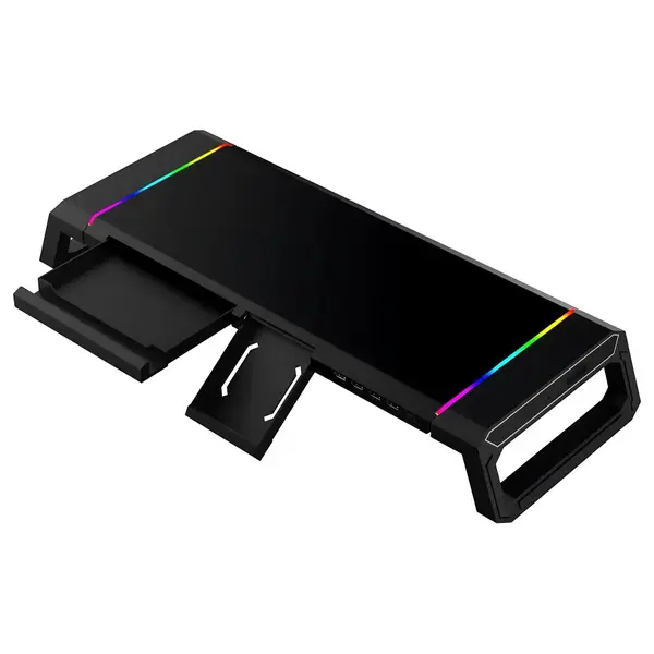 Stand multifunctional pentru monitor si laptop HAWIRE, 7 lumini gaming RGB, 4 porturi USB, Suport pentru telefon si iPad, Sertar pentru accesorii, Neg