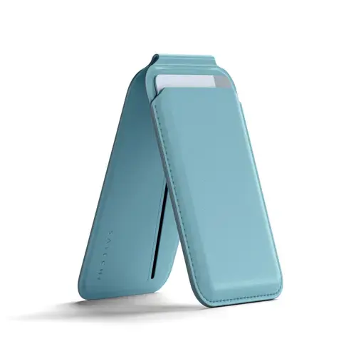 Stand tip Portofel Magnetic Satechi AP-MWSB, din piele vegana, Magsafe (Albastru deschis)