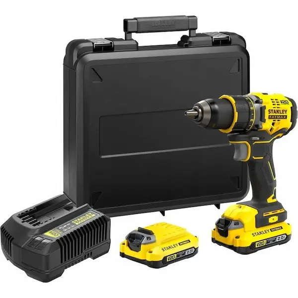 Stanley Masina de gaurit si insurubat Stanley SFMCD720D2K, 18 V, 2 x 2 Ah baterii, Diametru mandrina foraj 13 mm, Cuplu 80 Nm, Viteza rotatie 2100, Galben/Negru