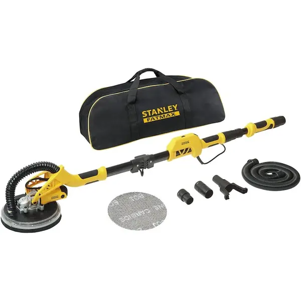 Stanley Slefuitor electric profesional pentru pereti si plafon STANLEY FatMax SFMEE500S, diametru disc 225 mm, putere 750W, turatie variabila 600 - 1700 RPM, iluminare LED, maner extensibil pana la 180 cm, sistem evacuare praf, accesorii si sac depozitar