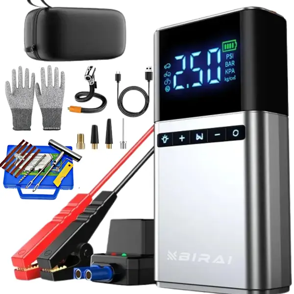 Starter Baterie Auto 12V BIRAI®, Portabil 4 în 1, 12000 mAh, Jump Starter 1500A, Compresor Auto, Lanternă LED, Baterie Externă, Protecție Polaritate,