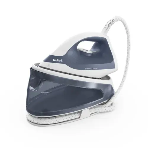 Statie de calcat Tefal Express Optimal SV4110E0, 2200 W, 1.2 litri, jet de abur 190 g/min, talpa Xpress Glide, jet de abur vertical, presiune 5 bar, oprire automata, functie anticalcar (Alb/Albastru)
