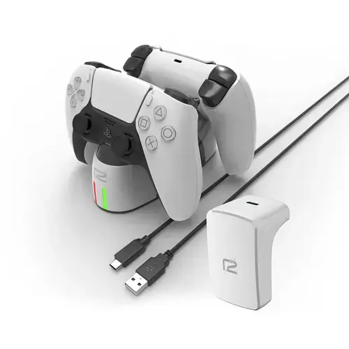 Statie de incarcare ready2gaming PS5 Ultimate Charging Set, 2000 mAh, 4 lumini LED, USB-A la USB Type-C (Alb)